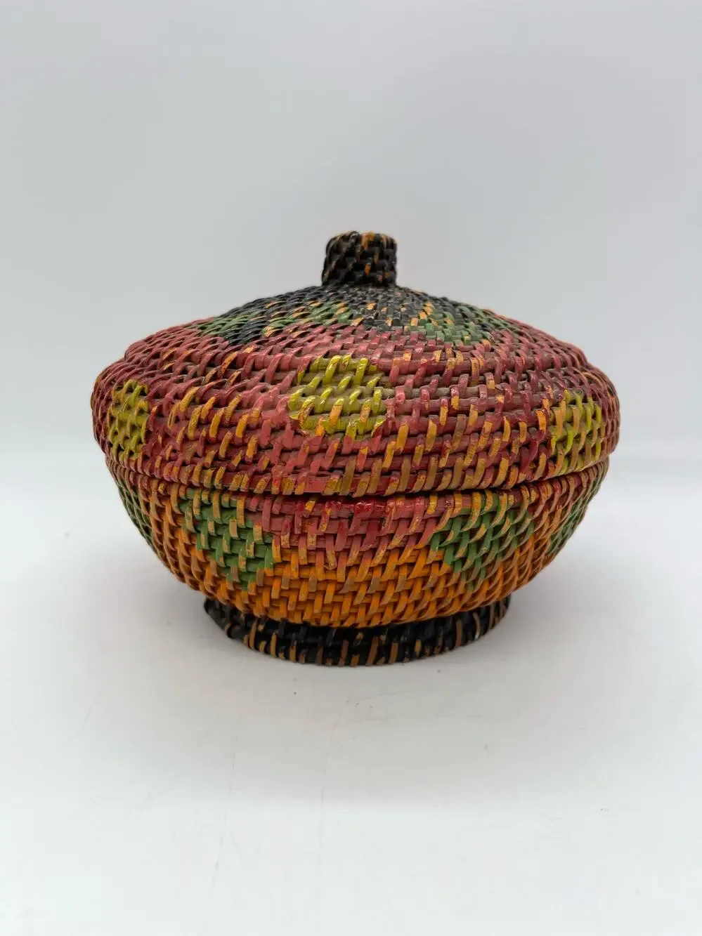 Vintage Rattan Woven Lidded Basket Painted